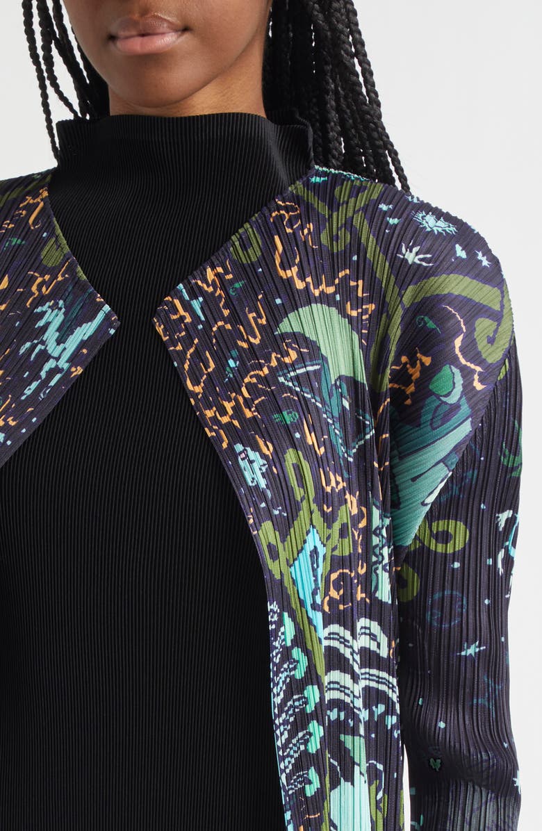 Pleats Please Issey Miyake Interplanetary Print Pleated Open Front Cardigan, Alternate, color, 
