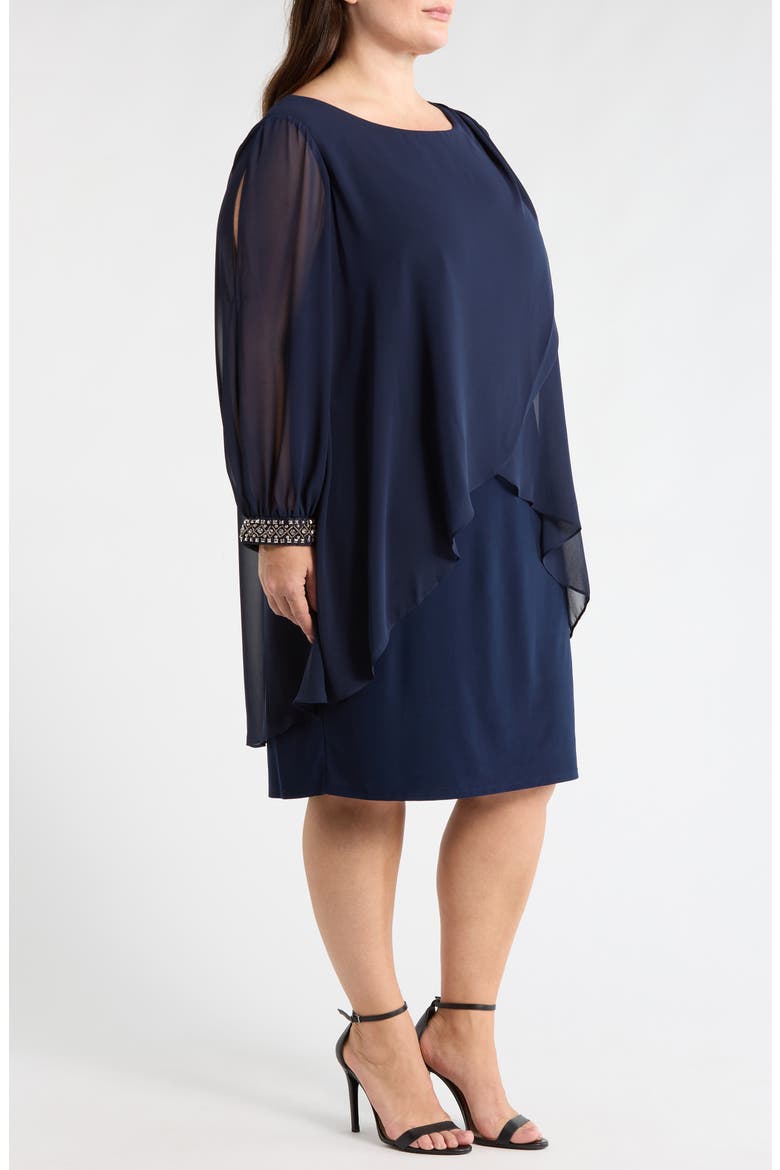 Beaded Overlay Long Sleeve Chiffon Cocktail Dress, Alternate, color, NAVY