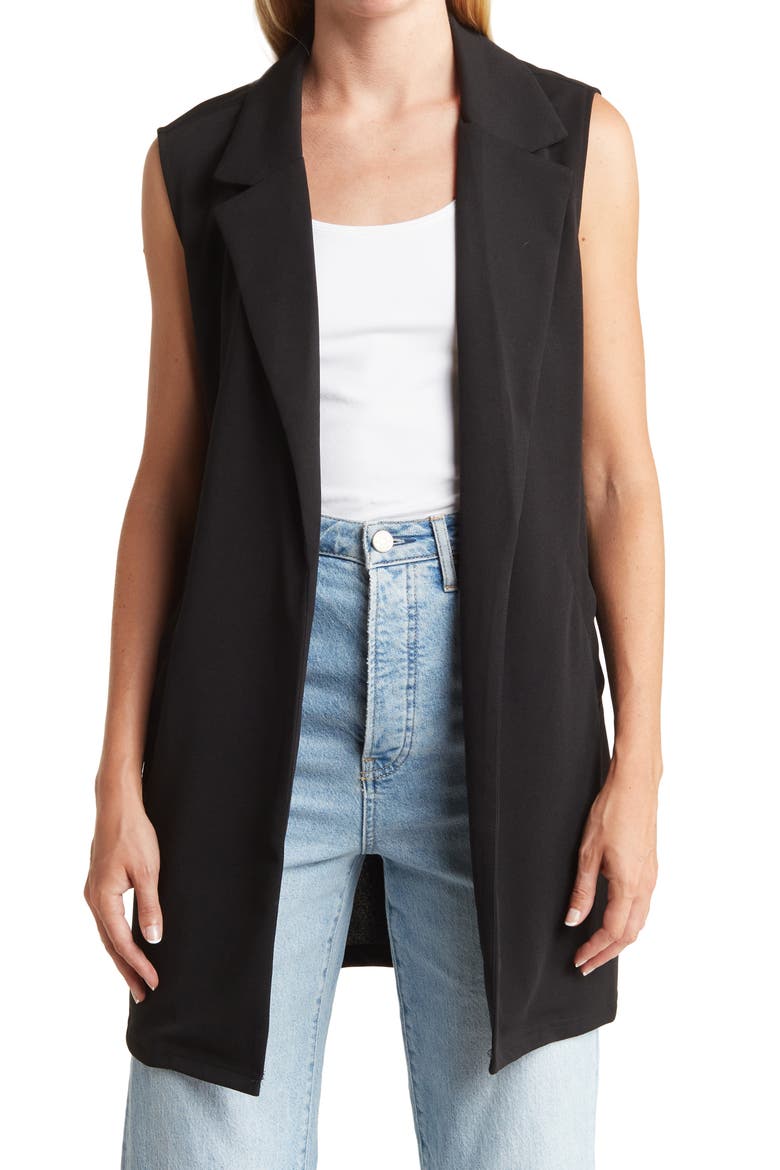 Notch Lapel Open Front Long Vest, Main, color, BLACK