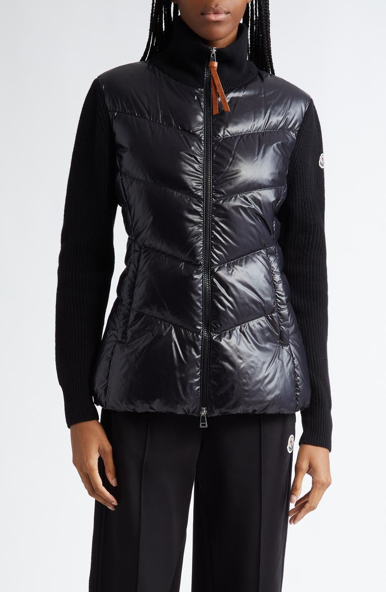 Moncler Quilted Down & Knit Cardigan, Main, color, Black