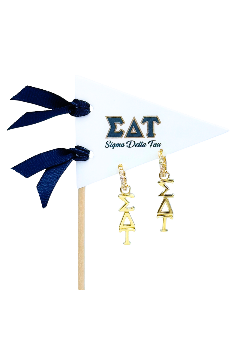 Sigma Delta Tau Greek Letter Huggie + Charm Earrings, Main, color, Yellow Gold