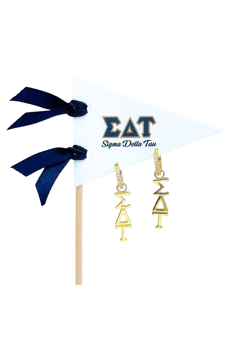 Color Shout Sigma Delta Tau Greek Letter Huggie + Charm Earrings, Main, color, Yellow Gold