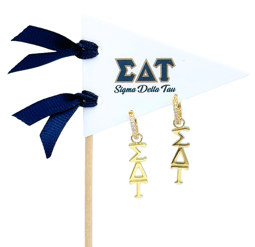 Color Shout Sigma Delta Tau Greek Letter Huggie + Charm Earrings In Gold