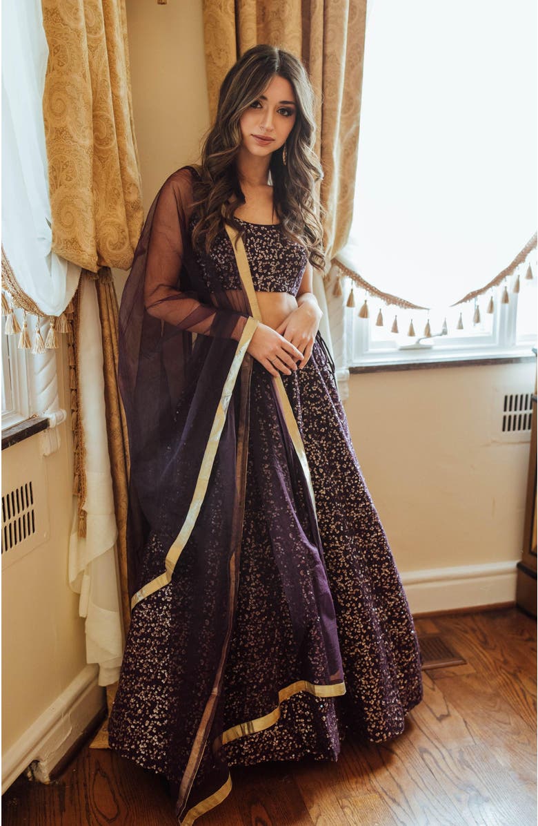 RAAS Jaden Sequins Embroidered Lehenga Choli, Alternate, color, Wine