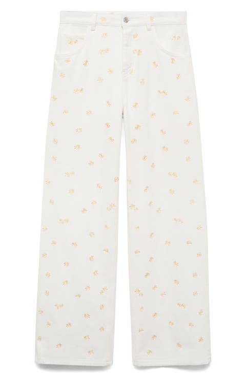 Flower Embroidered Wide Leg Jeans
