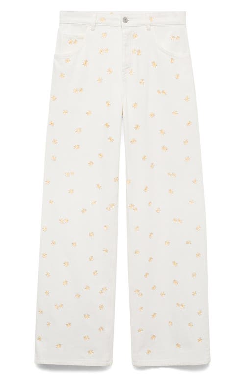 Mango Flower Embroidered Wide Leg Jeans In White