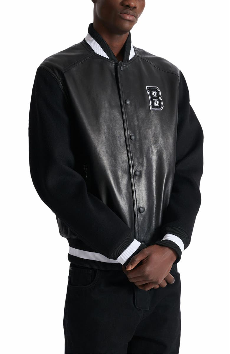 Balmain Varsity Lambskin Leather And Wool Jacket, Alternate, color, Black