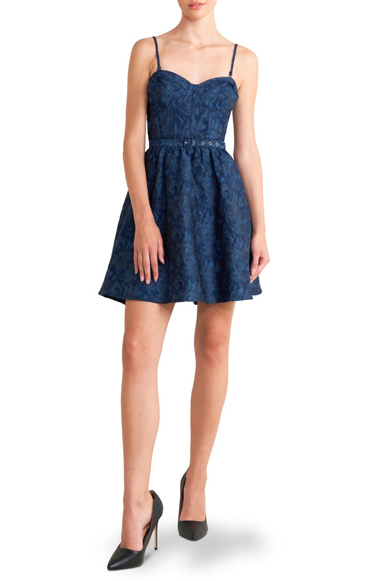 Floral Belted Jacquard Minidress, Main, color, NAVY MULTI