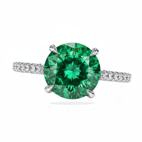 Round Lab Emerald & Diamond Solitaire Engagement Ring 14K