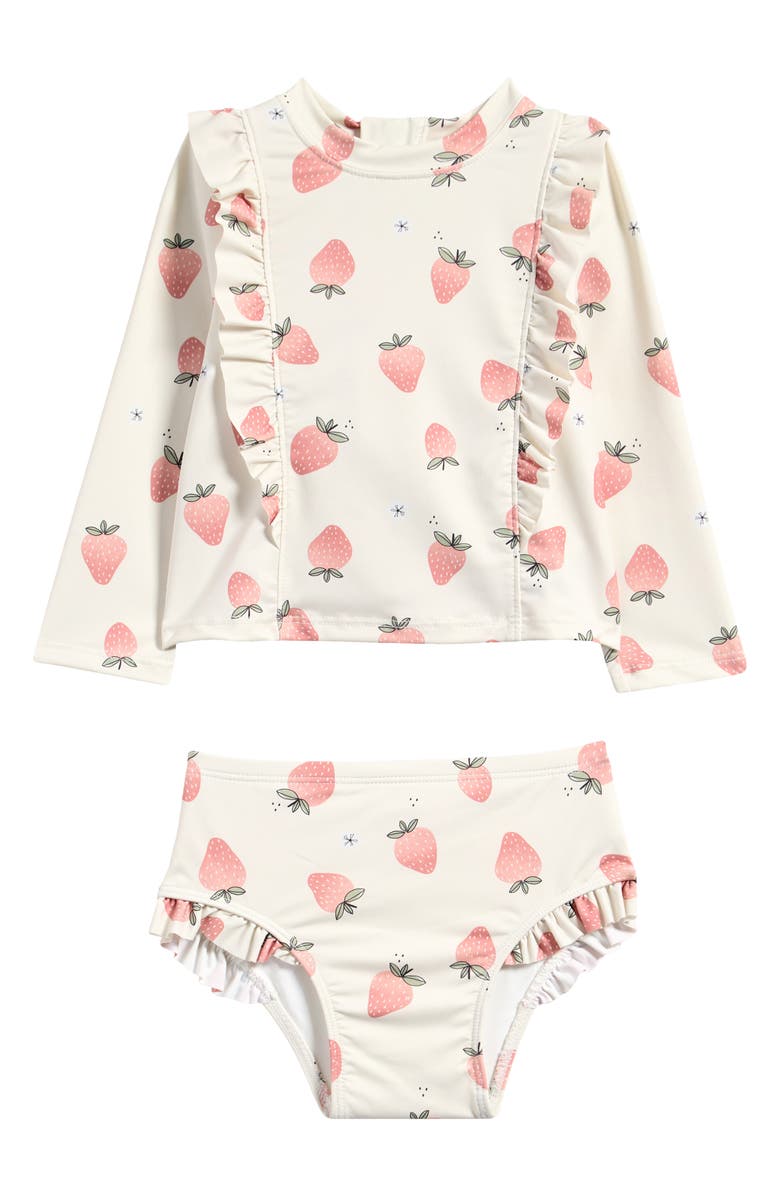 Petit Lem Strawberry Long Sleeve Two-Piece Rashguard Swimsuit, Main, color,