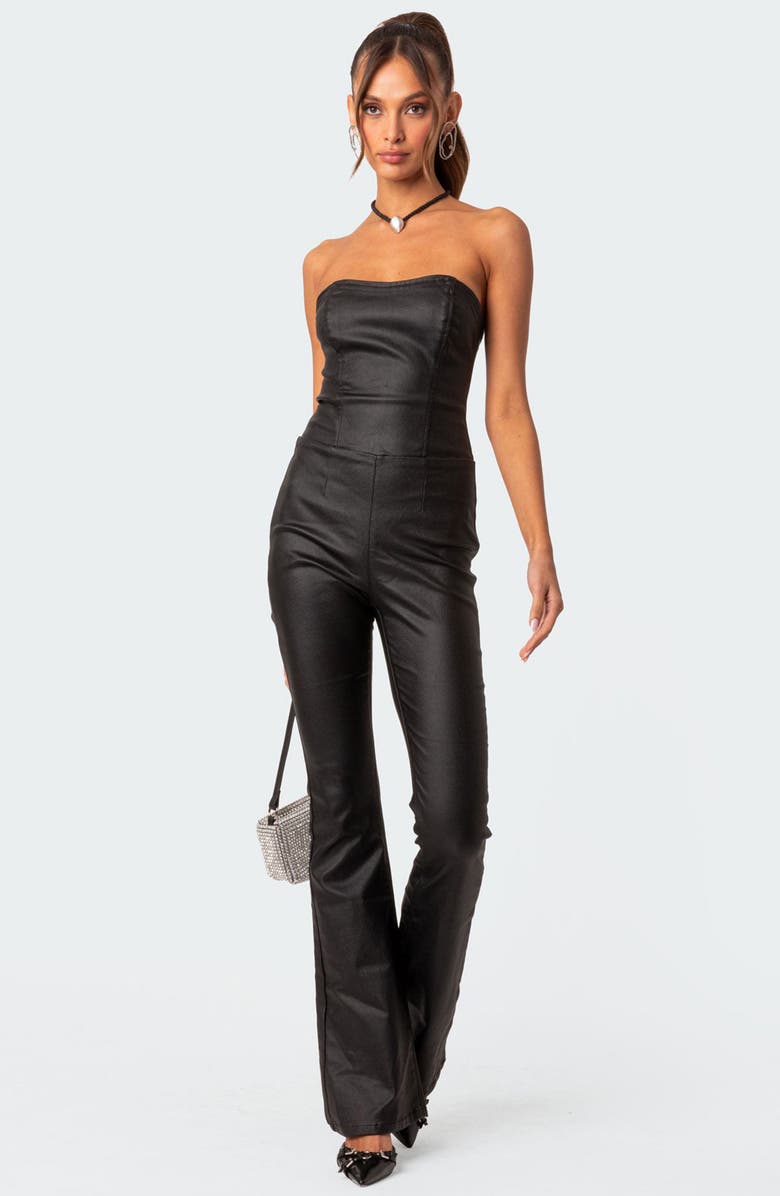 EDIKTED Luna Strapless Flared Faux Leather Jumpsuit, Alternate, color, 