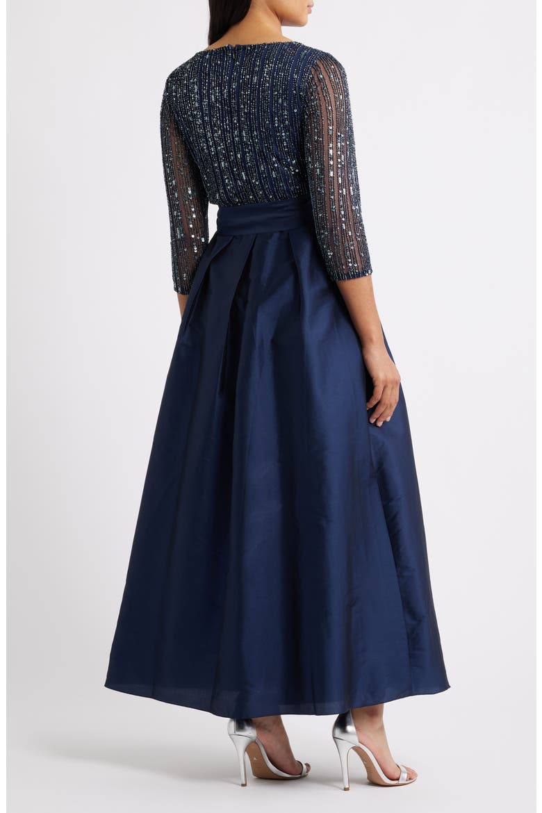 Bow Long Sleeve Sequin & Taffeta Gown, Alternate, color, NAVY