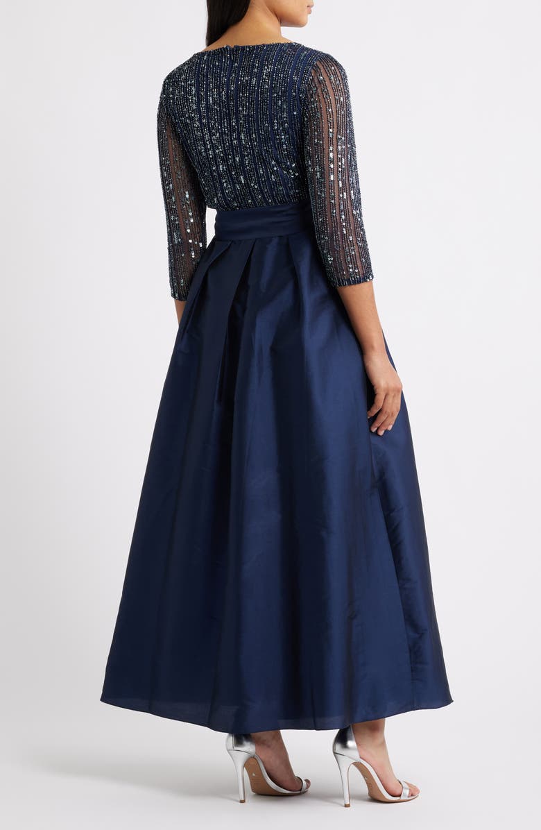 Pisarro Nights Bow Long Sleeve Sequin & Taffeta Gown, Alternate, color, Navy