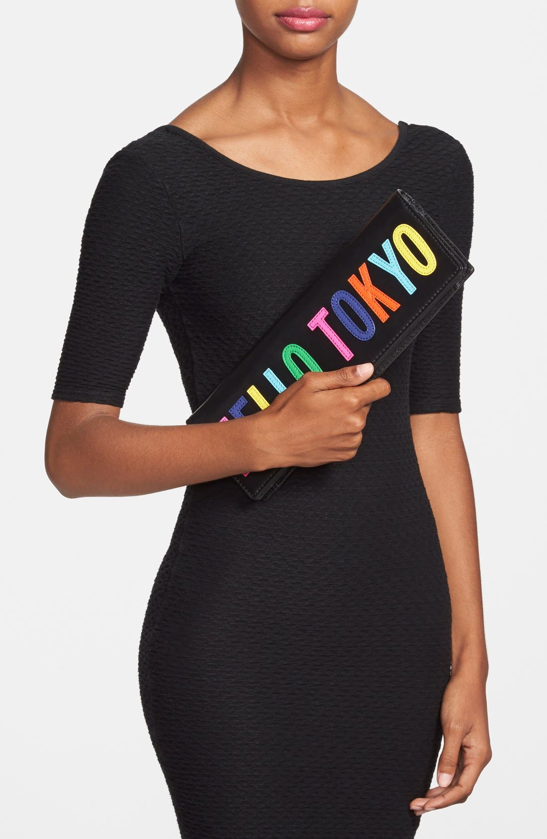 'hello tokyo' leather clutch, Alternate, color, BLACK