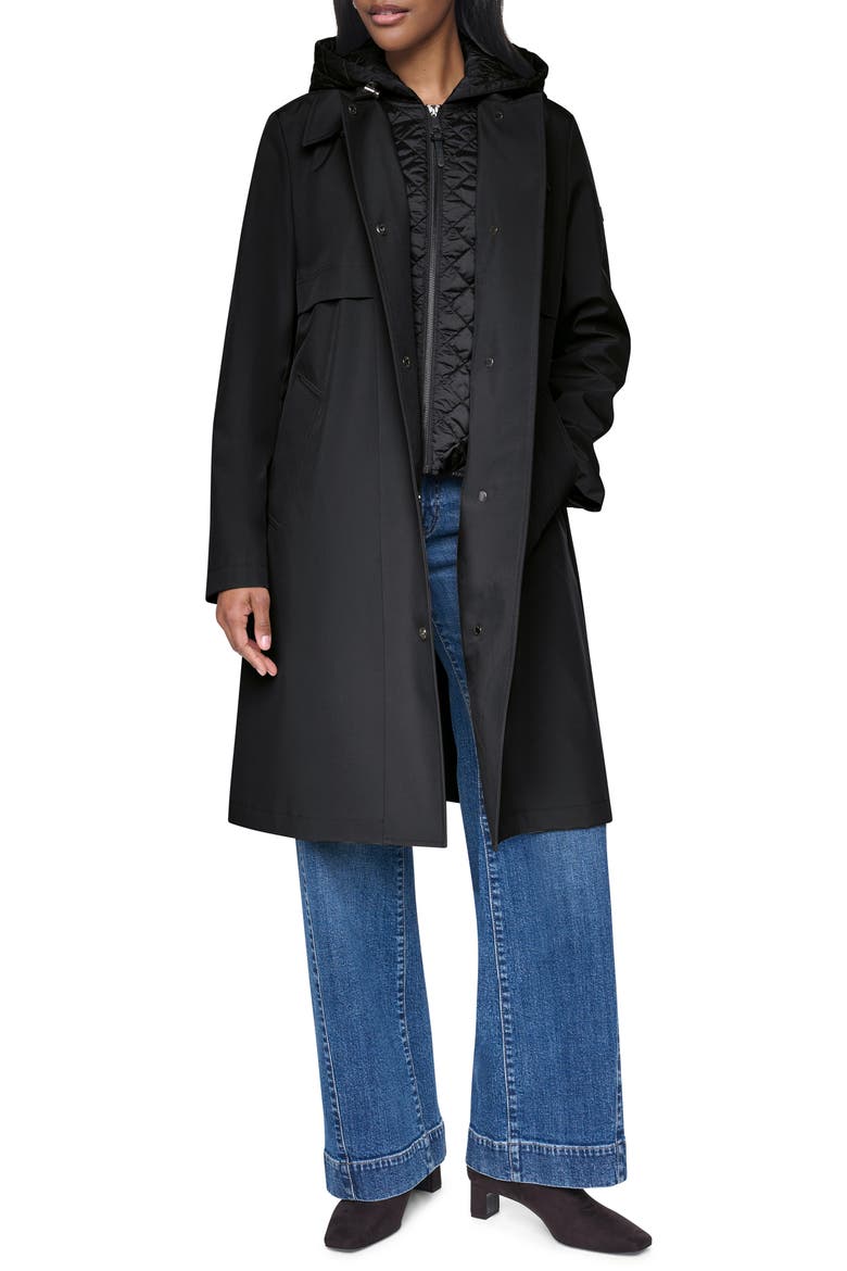 Softshell Quilted Bib Hooded Water Resistant Trench Coat, Alternate, color, BLACK