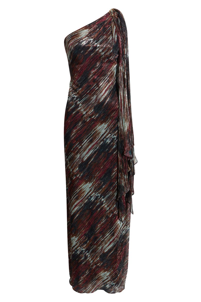 Metallic Abstract Print One-Shoulder Chiffon Gown, Alternate, color, MULTI