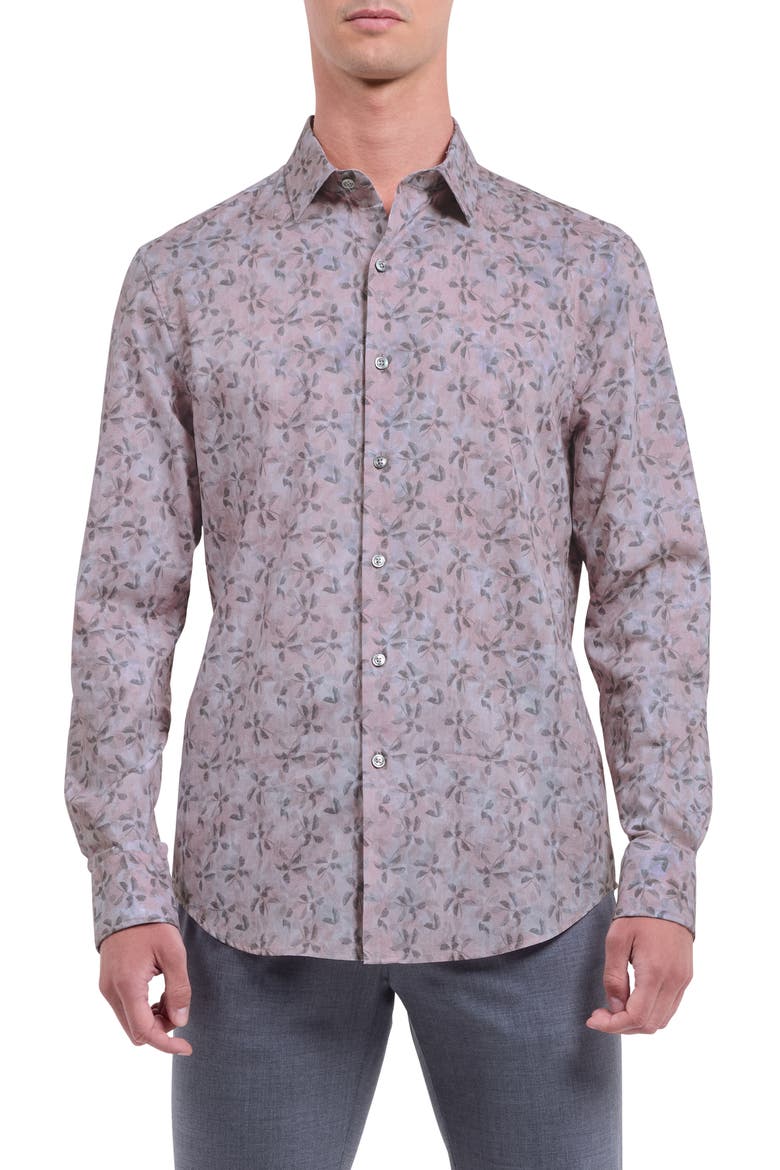 Julian Shaped Fit Leaf Print Button-Up Shirt, Main, color, WOOD ROSE