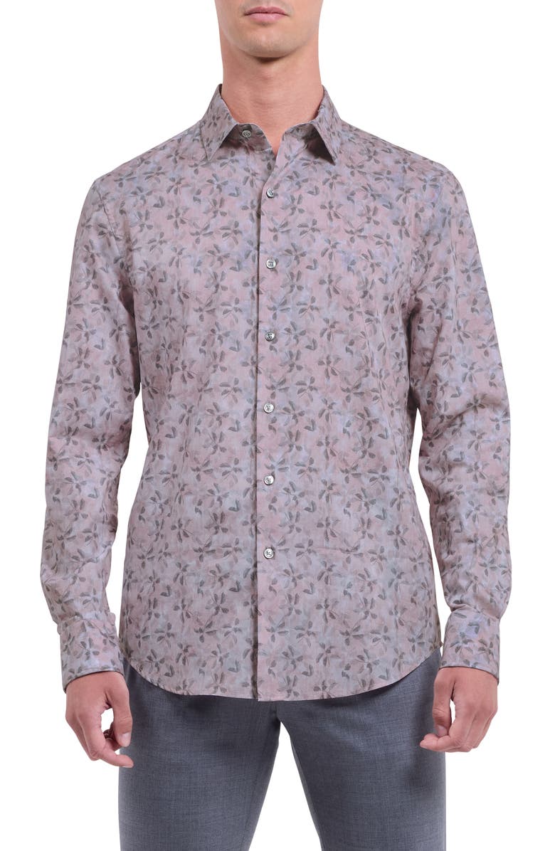 Bugatchi Julian Shaped Fit Leaf Print Button-Up Shirt, Main, color, Wood Rose