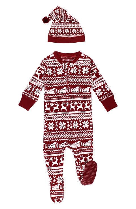 Holiday Print Fitted One-Piece Organic Cotton Footie Pajamas & Hat Set (Baby)