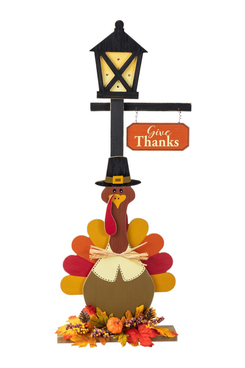 Fall Thanksgiving Lighted Wooden Lamp Post Porch Decor with Timer, Main, color, Orange