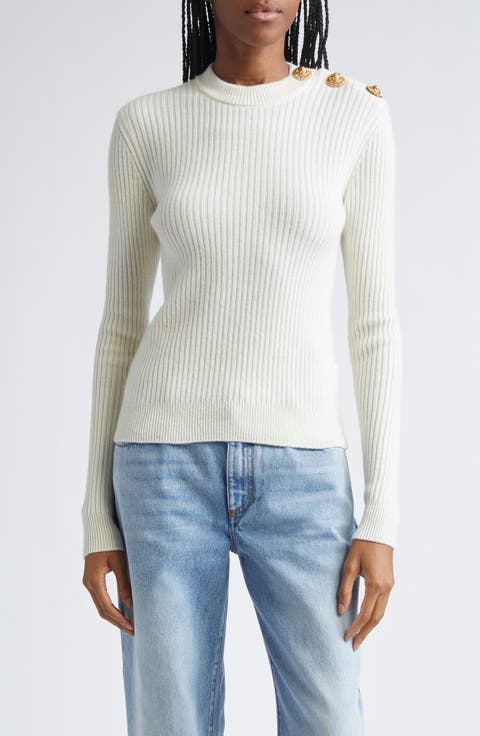 Button Detail Ribbed Cashmere Sweater