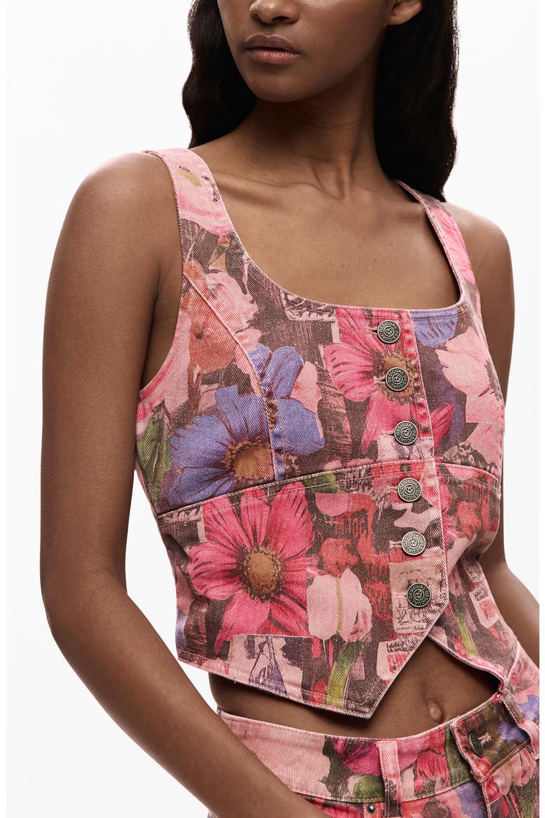 Floral Print Denim Crop Vest, Alternate, color, PINK