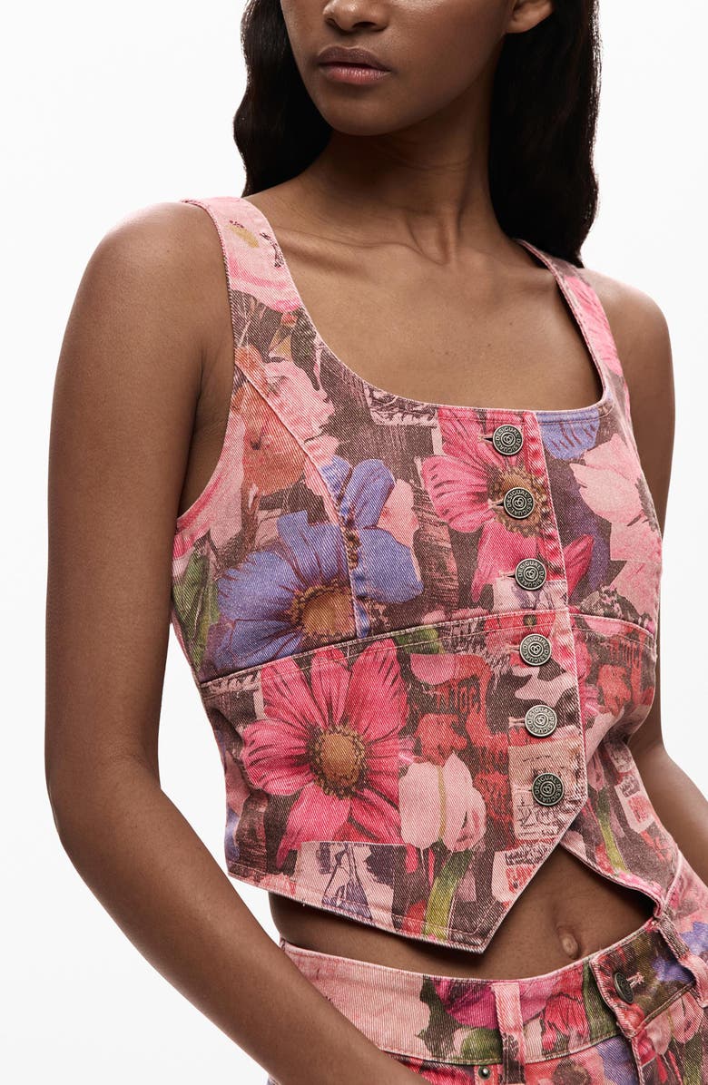Desigual Floral Print Denim Crop Vest, Alternate, color, Pink