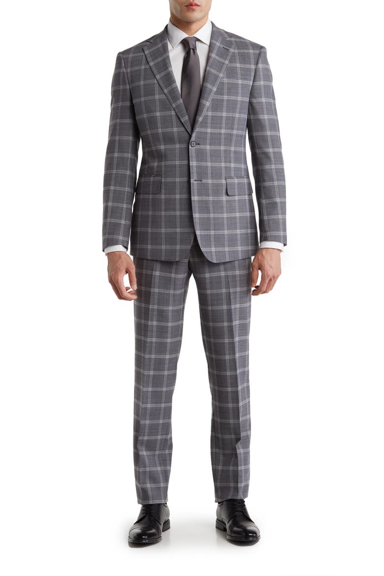 Trim Fit Windowpane Wool Blend Suit, Main, color, GRAY