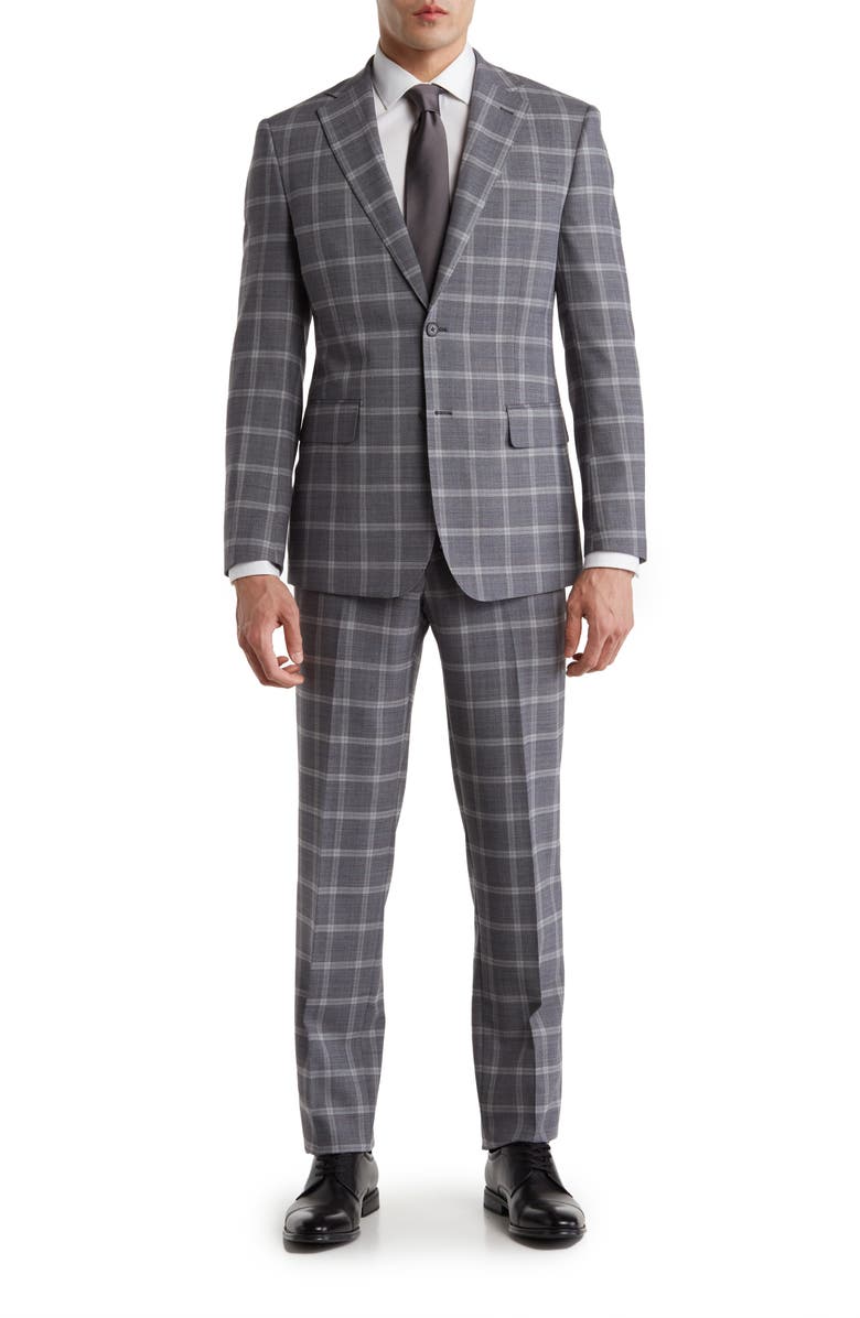 English Laundry Trim Fit Windowpane Wool Blend Suit, Main, color, Gray