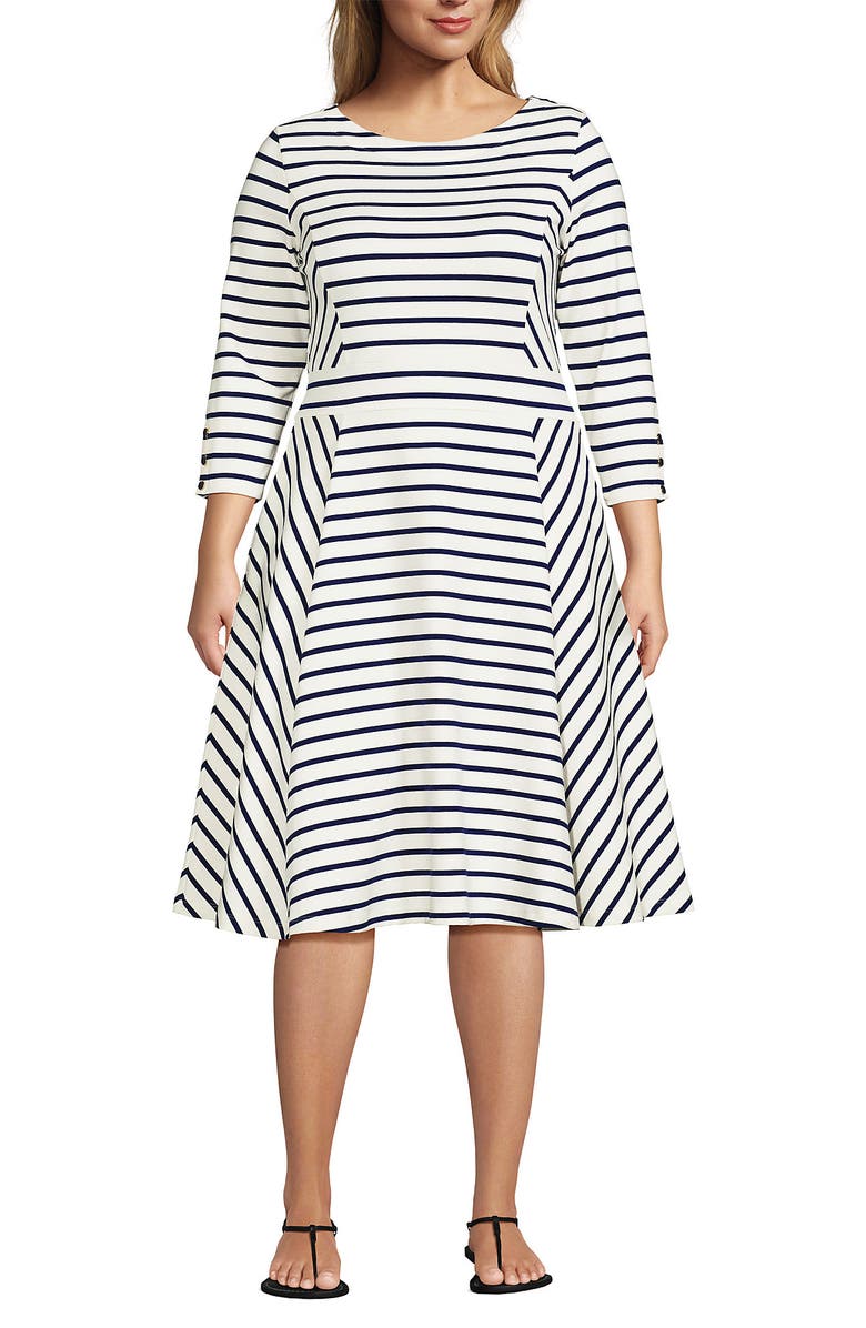 Lands' End Starfish 3/4 Sleeve Dress, Main, color, Ivory/Deep Sea Breton Stripe