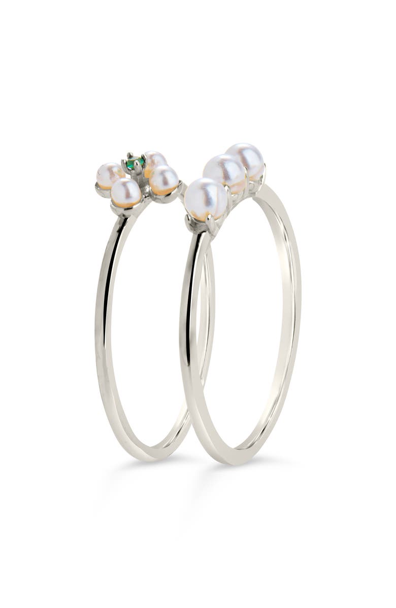Sterling Forever Cara Set of 2 Imitation Pearl & Cubic Zirconia Stackable Rings, Alternate, color,