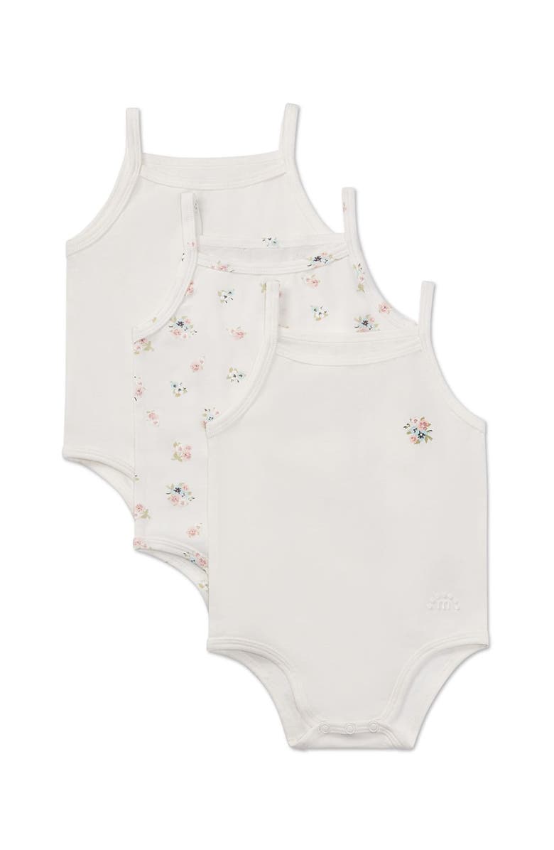 MiniMoi 3 Pair Baby Combed Cotton Ditsy Floral Bodysuits, Main, color, Winter White Multi