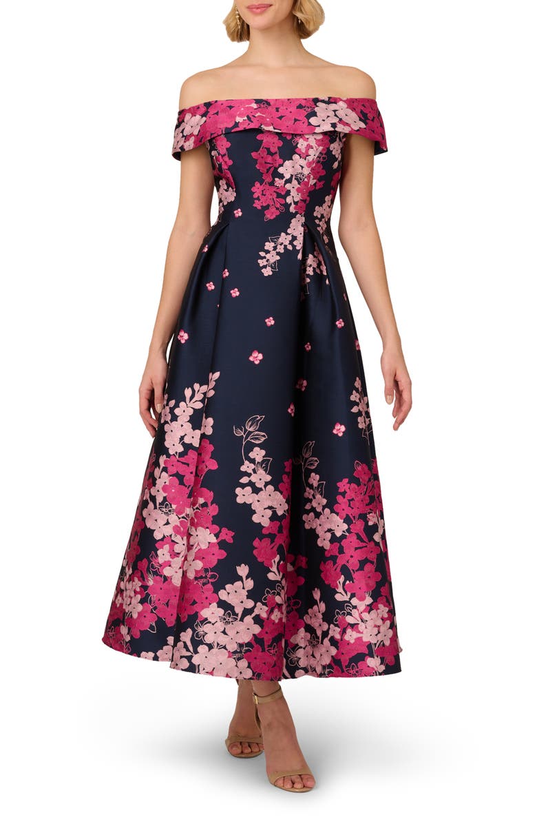 Adrianna Papell Floral Off the Shoulder Jacquard Gown, Main, color, Navy/Pink Multi