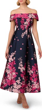 Adrianna Papell Floral Off the Shoulder Jacquard Gown