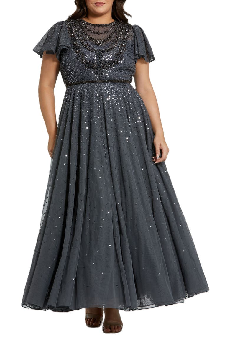 Sheer Flutter Sleeve Beaded Fluffy Net Gown, Main, color, Charcoal