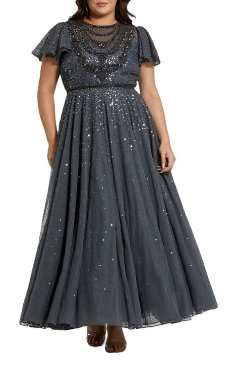 Sheer Flutter Sleeve Beaded Fluffy Net Gown