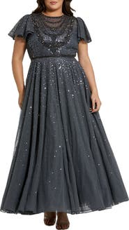 Mac Duggal Sheer Flutter Sleeve Beaded Fluffy Net Gown