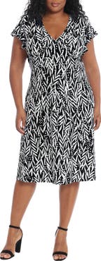 London Times V-Neck Ruffle Sleeve Midi Dress