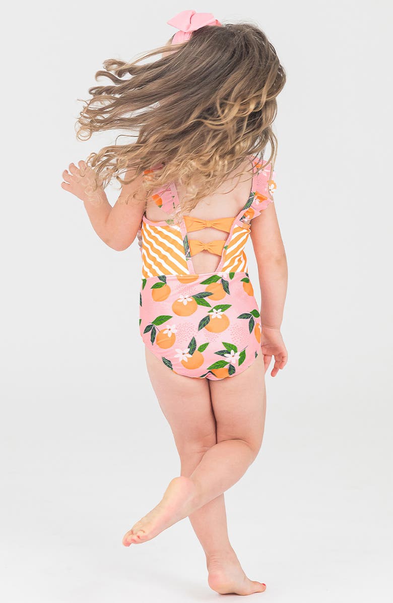 RuffleButts Orange Pinafore One-Piece Swimsuit & Hat Set, Alternate, color,