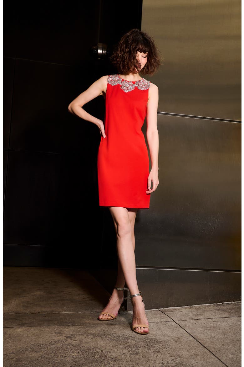 Crystal Floral Cocktail Shift Dress, Alternate, color, TOMATO