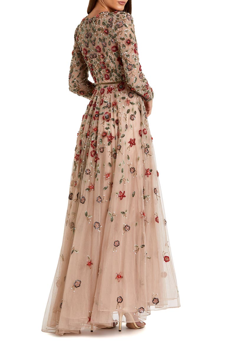 Petite Embellished High Neck Long Sleeve A-Line Gown, Alternate, color, Antique Rose