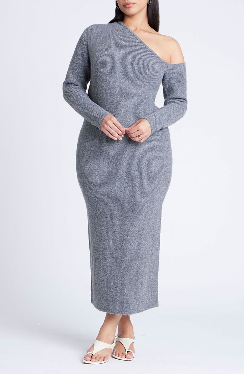 ELOQUII Asymmetric Off the Shoulder Long Sleeve Midi Sweater Dress, Main, color, 