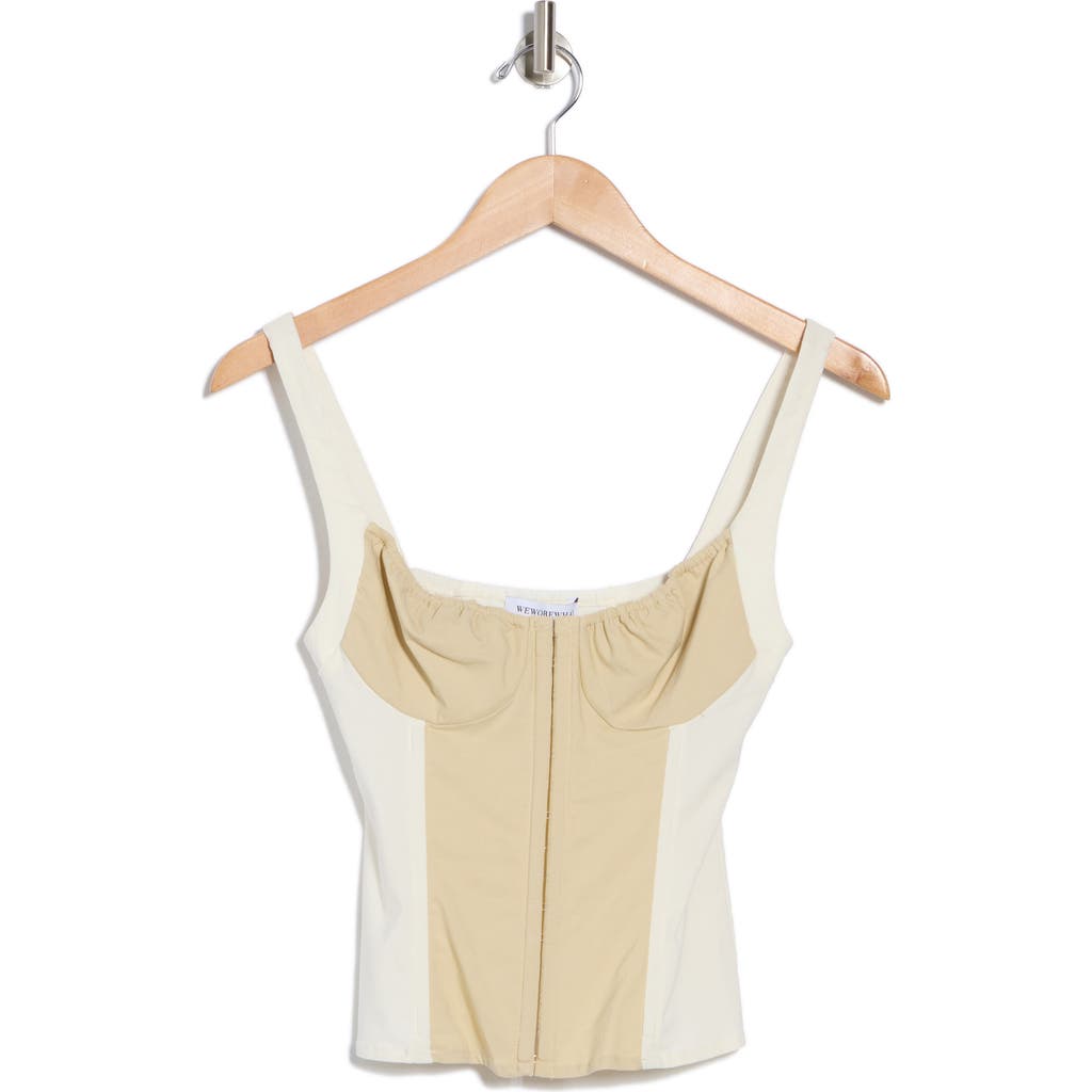 Weworewhat Ruched Cup Scoop Linen-blend Corset In Wood Ash/ivory