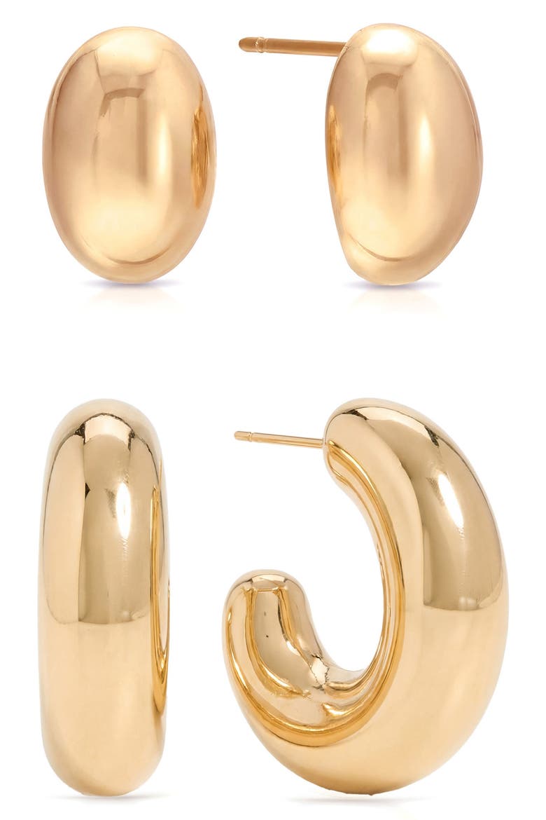 Set of 2 Pairs Thick Dome Hoop & Stud Earrings, Main, color, GOLD