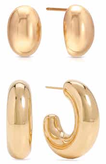 Set of 2 Pairs Thick Dome Hoop & Stud Earrings