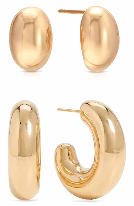 Set of 2 Pairs Thick Dome Hoop & Stud Earrings