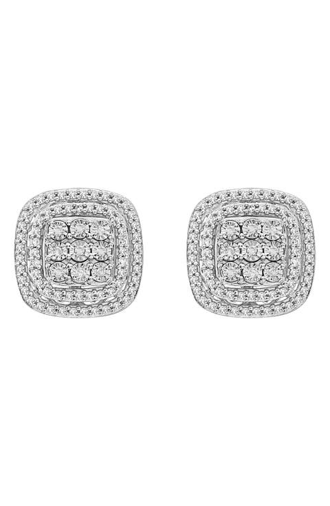 Sterling Silver Diamond Halo Cushion Stud Earrings - 0.10 ctw.