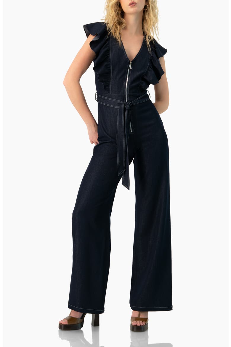 V-Neck Denim Like Wide-Leg Jumpsuit, Main, color, Navy Blue