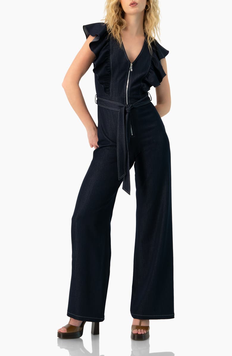 IVONNE V-Neck Denim Like Wide-Leg Jumpsuit, Main, color, Navy Blue