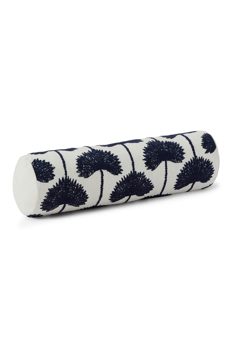 Palm Leaf Embroidered Cotton Bolster Pillow, Alternate, color, NAVY / OFF WHITE